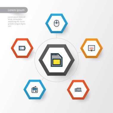 Müzik renkli anahat simgelerini belirlemek. Bellek, kontrol cihazı, sinyal ve diğer öğeleri koleksiyonu. Ayrıca radyo, pil, fare gibi simgeler içerir.