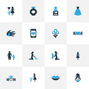 Anneler günü renkli simge tasarım konsepti. Çiçeği, Smartphone ve Bayan 16 gibi öğeleri kümesi. Bebek, anne ve çocuk için güzel sembolleri.