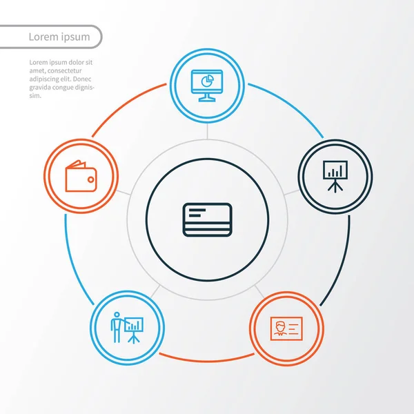 İş anahat simgelerini belirlemek. Beyaz tahta, Analytics, kimlik kartı ve diğer öğeleri koleksiyonu. Ayrıca masa, kart, cüzdan gibi simgeler içerir.