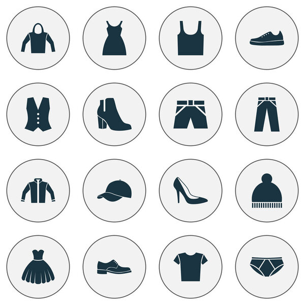 Clothes Icons Set. Collection Of Trilby, Beanie, Waistcoat And Other Elements. Also Includes Symbols Such As Briefs, Leggings, Cloth.