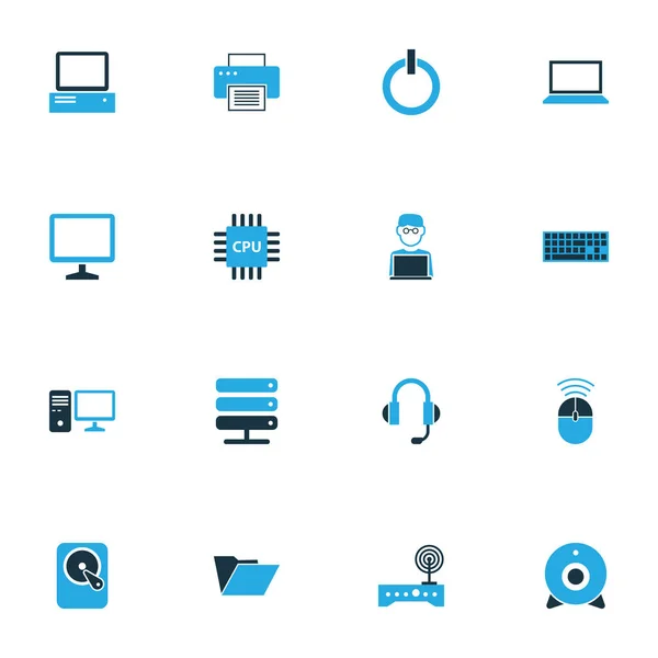 Computer kleurrijke Icons Set. Collectie van beeldscherm, toetsenbord, macht en andere elementen. Ook symbolen zoals randapparaat, Man, Pc. — Stockvector