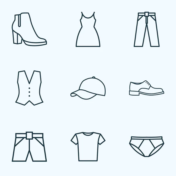 Vestido conjunto de ícones esboço. Coleção de blusa, colete, calças e outros elementos. Também inclui símbolos como calças, vestido, túnica . —  Vetores de Stock