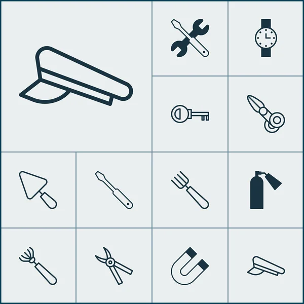 Werkzeuge Icons gesetzt. Sammlung von Passwort, Egge, Feuerwehr und anderen Elementen. enthält auch Symbole wie Kelle, Uhr, Schlüssel. — Stockvektor