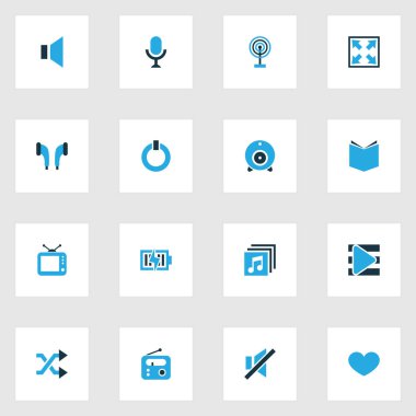Multimedya renkli simgeler kümesi. Güç, sessiz, enerji ve diğer öğeleri koleksiyonu. Ayrıca kulaklık, sessizlik, pil gibi simgeler içerir.