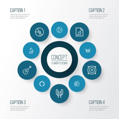 Multimedya anahat simgelerini belirlemek. Daire, kulaklık, plastik ve diğer öğeleri koleksiyonu. Ayrıca radyo, gitar, Bit gibi simgeler içerir.