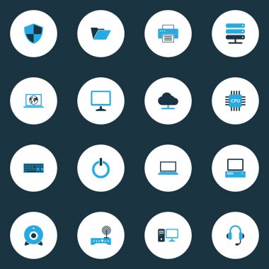 Bilgisayar renkli simgeler kümesi. Pc, fotoğraf makinesi, ağ ve diğer öğeleri koleksiyonu. Ayrıca Access, ağ, aygıt gibi simgeler içerir.