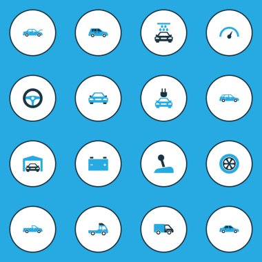 Otomatik renkli simgeler kümesi. Station Wagon, pil, vites kolu ve diğer öğeleri koleksiyonu. Ayrıca akümülatör, tak, tekerlek gibi simgeler içerir.