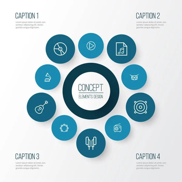 Multimedya anahat simgelerini belirlemek. Daire, kulaklık, plastik ve diğer öğeleri koleksiyonu. Ayrıca radyo, gitar, Bit gibi simgeler içerir.