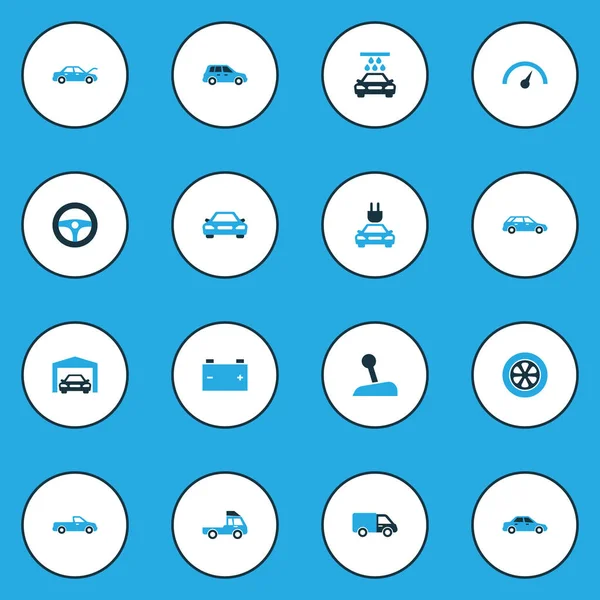 Otomatik renkli simgeler kümesi. Station Wagon, pil, vites kolu ve diğer öğeleri koleksiyonu. Ayrıca akümülatör, tak, tekerlek gibi simgeler içerir.