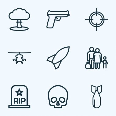 Savaş anahat simgeler kümesi. RIP, atom bombası, askeri ve diğer öğeleri koleksiyonu. Ayrıca, mezar, silah, keskin nişancı gibi simgeler içerir.