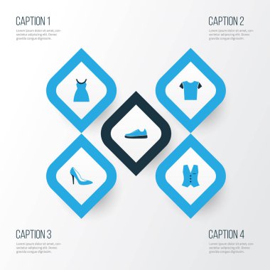 Renkli simgeler kümesi elbise. Elbise, topuklu, yelek ve diğer öğeleri koleksiyonu. Ayrıca yelek, elbise, bluz gibi simgeler içerir.