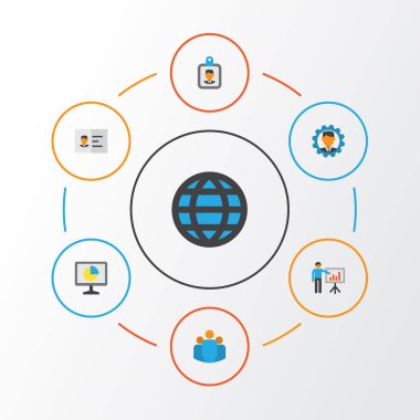 İş düz simgeler kümesi. Küresel topluluğu, geliştirici, adam sunmak ve diğer öğeleri. Ayrıca rozet, kimliği, geliştirici gibi simgeler içerir.