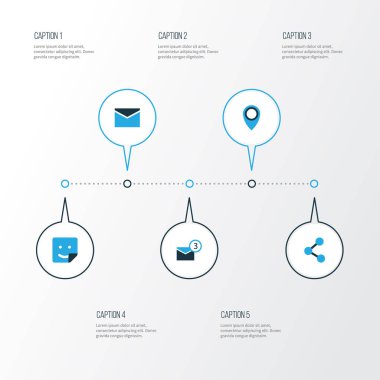 Sosyal renkli simgeler kümesi. Konumu, bildirim, etiket ve diğer öğeleri koleksiyonu. Ayrıca bildirim, gelen kutusu, mesaj gibi simgeler içerir.