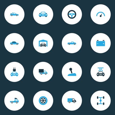 Araba renkli simgeler kümesi. Kamyon, garaj, Sedan ve diğer öğeleri koleksiyonu. Ayrıca kamyon, akümülatör, kasa gibi simgeler içerir.