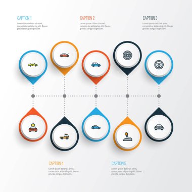 Otomobil renkli anahat simgelerini belirlemek. Dümen, düzey, otomotiv ve diğer öğeleri koleksiyonu. Ayrıca, otomatik, spor, taşıyıcı gibi simgeler içerir.