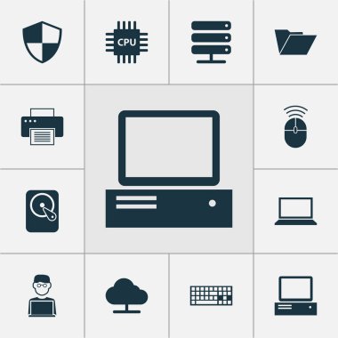 Aygıt simgeler kümesi. Savunma, anakart, baskı makinesi ve diğer öğeleri koleksiyonu. Ayrıca kalkan, adam, anakart gibi simgeler içerir.