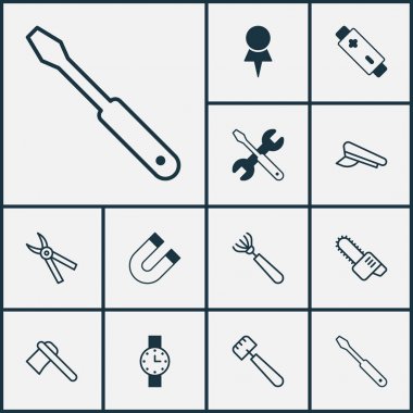 Enstrüman Icons Set. Alkali topluluğu, zamanlayıcı, cazibe ve diğer öğeleri. Ayrıca şapka, tornavida, mıknatıs gibi simgeler içerir.