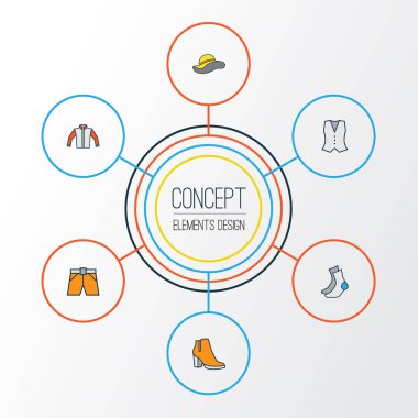 Elbise renkli anahat simgeler kümesi. Şort, kadın ayakkabı, çorap ve diğer öğeleri koleksiyonu. Ayrıca kadın, ceket, şort gibi simgeler içerir.