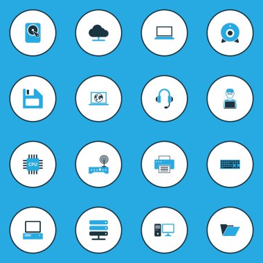 Bilgisayar renkli simgeler kümesi. Modem, disket, kulaklık ve diğer öğeleri koleksiyonu. Ayrıca mikroişlemci, kişisel, disket gibi simgeler içerir.