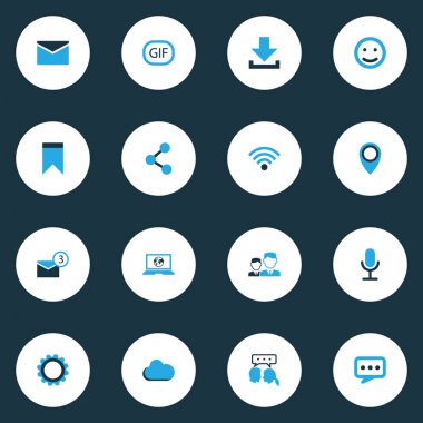 Internet renkli simgeler kümesi. Gülümseme, bulut, yer işareti ve diğer öğeleri koleksiyonu. Ayrıca sembolleri içeren GIF gibi yayımlamak, Wifi.
