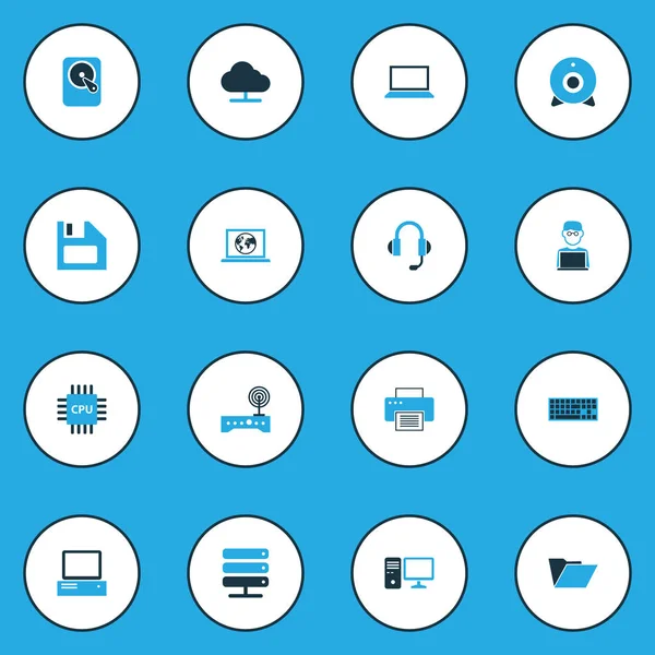 Bilgisayar renkli simgeler kümesi. Modem, disket, kulaklık ve diğer öğeleri koleksiyonu. Ayrıca mikroişlemci, kişisel, disket gibi simgeler içerir.