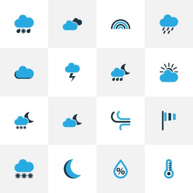 İklim renkli simgeler kümesi. Bulutlu gökyüzü, Rüzgar hızı, ark ve diğer öğeleri koleksiyonu. Ayrıca fırtına, Arc, sis gibi simgeler içerir.