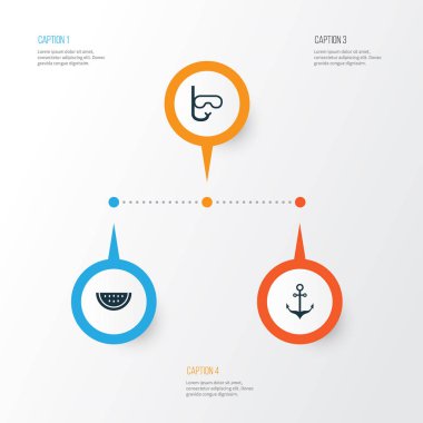 Yaz Icons Set. Gözlük, kavun, armatür ve diğer öğeleri koleksiyonu. Yüzme, narenciye, maske gibi semboller de içerir.