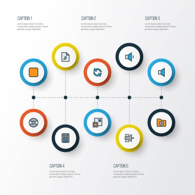 Multimedya renkli anahat simgelerini belirlemek. Eşitle, sessizlik, Duraklat ve diğer öğeleri koleksiyonu. Eşitleme, vinil, en üst düzeye çıkarmak gibi semboller de içerir.