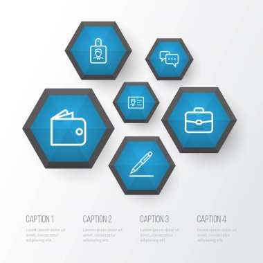 İş anahat simgelerini belirlemek. Kimlik kartı, cüzdan, sözleşme imzalama ve diğer öğeleri koleksiyonu. Ayrıca çanta, kimlik, sohbet gibi sembolleri içerir.