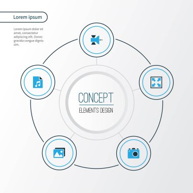 Müzik renkli simgeler kümesi. Bağıntı antenler, Galeri, fotoğraf makinesi ve diğer öğeleri koleksiyonu. Resim, Galeri, büyütmek gibi semboller de içerir.