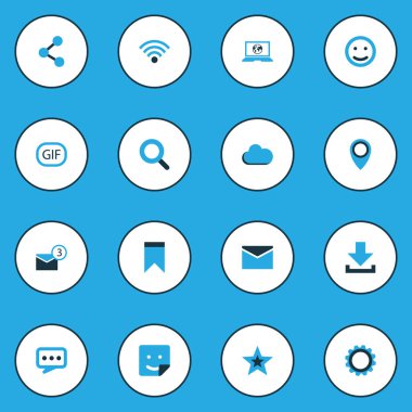 Internet renkli simgeler kümesi. Plakası, bulut, topluluğu aramak ve diğer öğeler. Ayrıca sembolleri içerir gibi bulutlu, aramak, PIN.