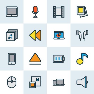 Multimedya renkli anahat simgelerini belirlemek. Müzik, Infographic, geriye dönük ve diğer öğeleri koleksiyonu. Ayrıca pil, Smartphone, kayıt gibi simgeler içerir.