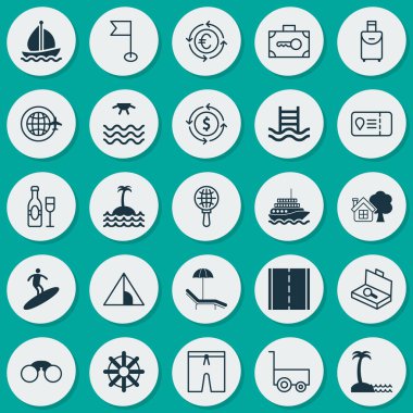 Icons Set seyahat. Para birimi topluluğu geri dönüşüm, Teğmen, yüzme giysileri ve diğer öğeler. Ayrıca geri dönüşüm, anlık görüntü, toprak gibi simgeler içerir.