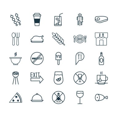 Cafe Icons Set. Tuvalet, sopa Barbekü, çatal bıçak takımı ve diğer öğeleri koleksiyonu. Ayrıca sembolleri içerir kızartma gibi kısıtlamak, tabağı.