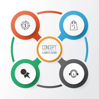 E-ticaret Icons Set. Finans, çalışan, indirim kuponu ve diğer öğeleri koleksiyonu. Ayrıca döviz, para, para iadesi gibi simgeler içerir.