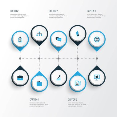 İş renkli simgeler ayarlayın. Küre, rozet, büyüyen grafik ve diğer öğeleri koleksiyonu. Ayrıca Globe, istatistik, sözleşme gibi simgeler içerir.