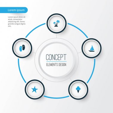 Sezon renkli simgeler ayarlayın. Deniz yıldızı, dondurma, tekne ve diğer öğeleri koleksiyonu. Ayrıca Flop, tekne, balık gibi simgeler içerir.