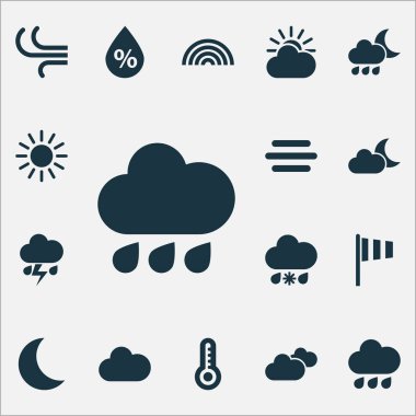 Hava simgeler kümesi. Koleksiyon nem, yağmur, güneş ve diğer öğeleri. Ayrıca gece, sıcaklık, gökkuşağı gibi simgeler içerir.