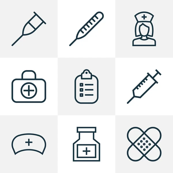 "Medicine Outline Icons Set". Коллекция медицины, медицинской шляпы, штукатурки и других элементов. Также включает в себя такие символы, как таблетки, шип, бинт . — стоковый вектор
