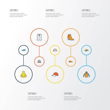 Elbise renkli anahat simgeler kümesi. Şık şapkalar, spor ayakkabı, ceket ve diğer öğeleri koleksiyonu. Ayrıca ayakkabı, lastikbotlar, şapka gibi simgeler içerir.