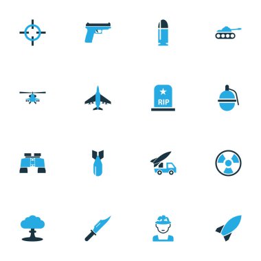 Savaş renkli simgeler kümesi. Bomba, bıçak, mezar ve diğer öğeleri koleksiyonu. Ayrıca asker zırhlı, roket gibi simgeler içerir.