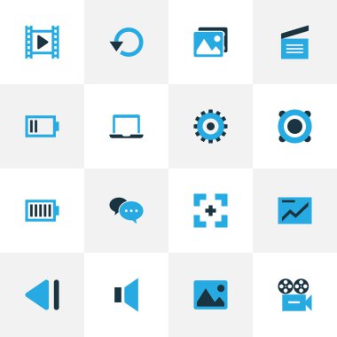 Müzik renkli simgeler kümesi. Sohbet, topluluğu önceki, ücret ve diğer öğeler. Ayrıca, Notebook, Laptop, iletişim gibi simgeler içerir.