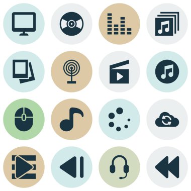Medya Icons Set. Albüm, sinema alkış, müzik ve diğer öğeleri koleksiyonu. Ayrıca bilgisayar, listesi, disk gibi simgeler içerir.