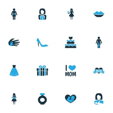 Anneler günü renkli simge tasarım konsepti. Hediye, pasta ve çiçek 16 gibi öğeleri kümesi. Gebelik, koku ve çocuk için güzel sembolleri.