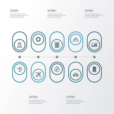 Keşif anahat simgelerini belirlemek. Güneşli topluluğu, oklar, yön ve diğer öğeler. Kartı, güneşli, dağ gibi semboller de içerir.