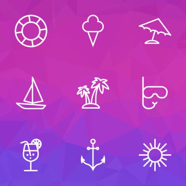 Yaz anahat simgelerini belirlemek. Kokteyl, gemi, şemsiye ve diğer öğeleri koleksiyonu. Ayrıca, Palm, ada, Lifebuoy gibi simgeler içerir.