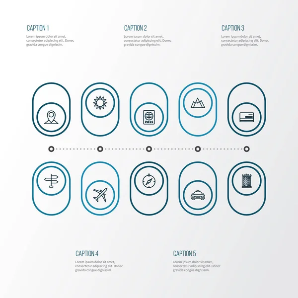 Esquema de exploración Conjunto de iconos. Colección de Soleado, Flechas, Dirección y Otros Elementos. También incluye símbolos tales como tarjeta, soleado, montaje . — Vector de stock