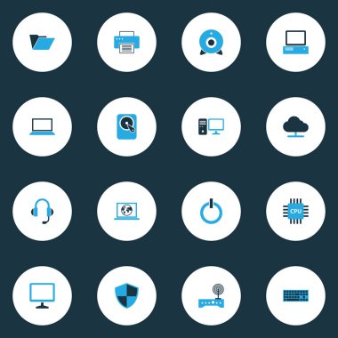 Donanım renkli simgeler kümesi. Güç, güvenlik duvarı, dosya ve diğer öğeleri koleksiyonu. Ayrıca tuş takımı, anakart, ekran gibi simgeler içerir.