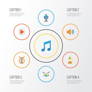 Multimedya düz simgeler kümesi. Düğmesi, sesi, Sonata ve diğer öğeleri koleksiyonu. Ayrıca Not, müzikal, mikrofon gibi simgeler içerir.