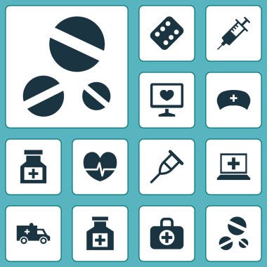 Antibiyotik Icons Set. Cap, enjeksiyon, veritabanı ve diğer öğeleri koleksiyonu. Ayrıca tedavi, cerrahi, enjeksiyon gibi simgeler içerir.